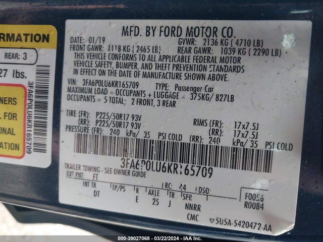 Ford Fusion Hybrid Se 2019 3FA6P0LU6KR165709 Image 9