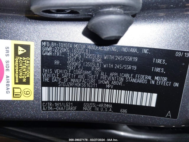 Toyota Highlander Se 2019 5TDJZRFH0KS616311 Image 9