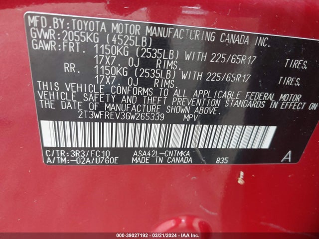 Toyota Rav4 Xle 2016 2T3WFREV3GW265339 Image 9