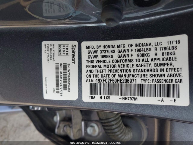Honda Civic Lx 2017 19XFC2F59HE206971 Image 9