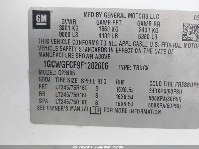 Chevrolet Express 2500 Work Van 2015 1GCWGFCF9F1202606 Image 9