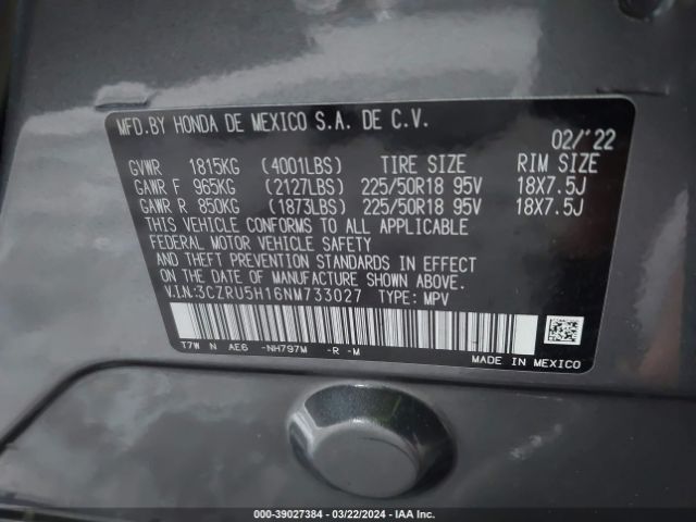 3CZRU5H16NM733027 Honda Hr-v 2wd Sport
