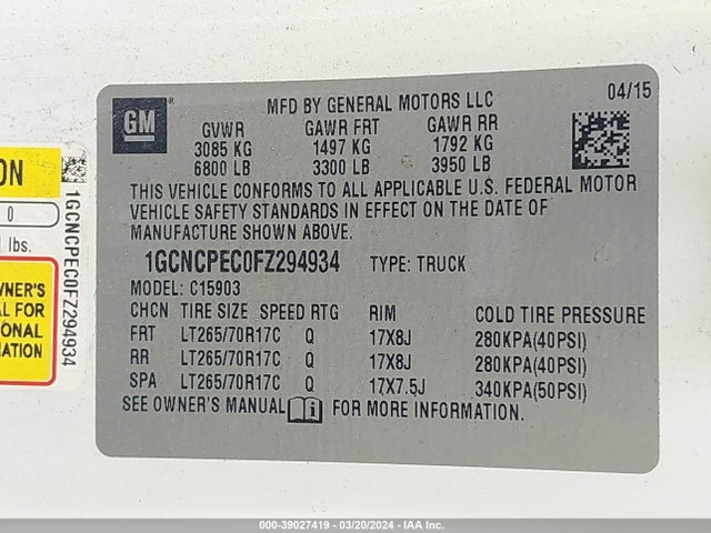 Chevrolet Silverado 1500 Wt 2015 1GCNCPEC0FZ294934 Image 9