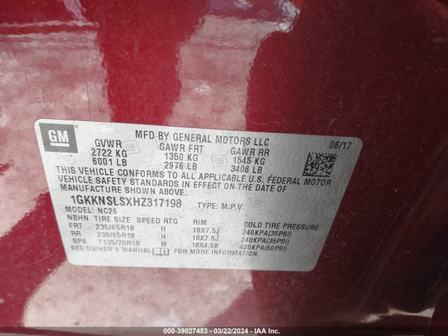 GMC Acadia Sle-2 2017 1GKKNSLSXHZ317198 Image 9