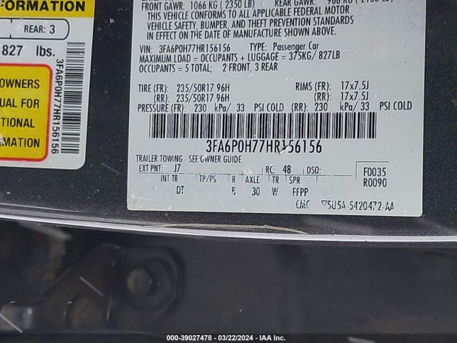 Ford FUSION SE 2017 3FA6P0H77HR156156 Image 9