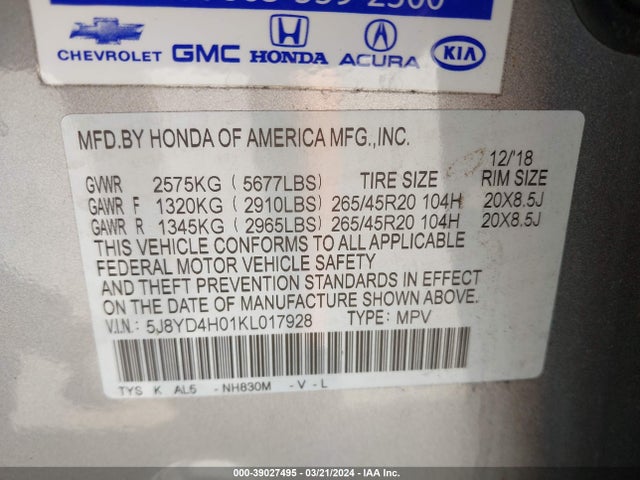 Acura Mdx Tech   A-spec Pkgs 2019 5J8YD4H01KL017928 Image 9