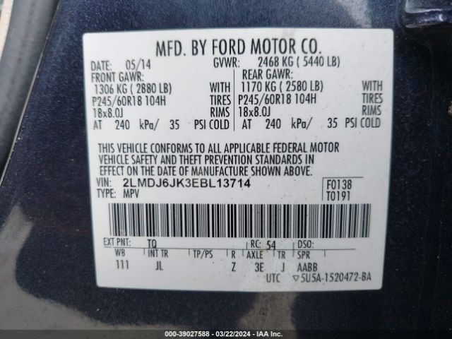 2LMDJ6JK3EBL13714 Lincoln MKX