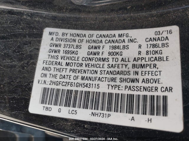 Honda Civic Lx 2016 2HGFC2F61GH543115 Image 9