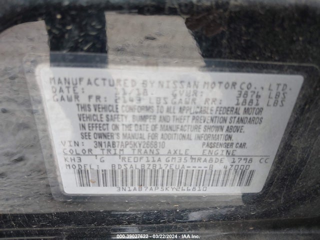 Nissan SENTRA S 2019 3N1AB7AP5KY266810 Image 9