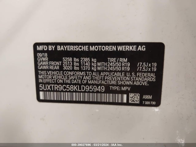 BMW X3 Xdrive30i 2019 5UXTR9C58KLD95949 Image 9