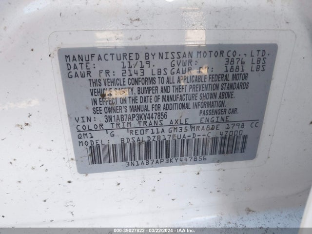 Nissan SENTRA SV 2019 3N1AB7AP3KY447856 Image 9