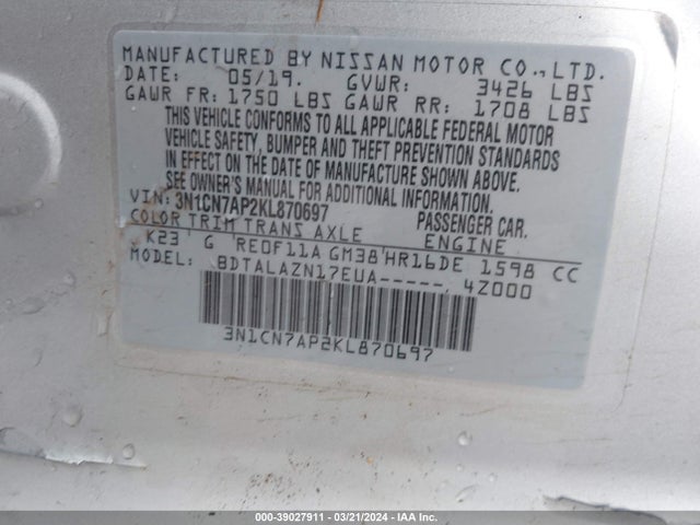 Nissan Versa 1.6 S+ 2019 3N1CN7AP2KL870697 Image 9