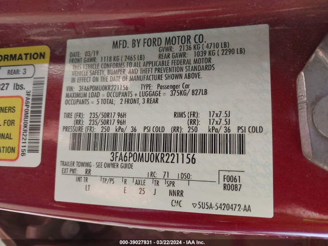 Ford Fusion Hybrid Sel 2019 3FA6P0MU0KR221156 Image 9