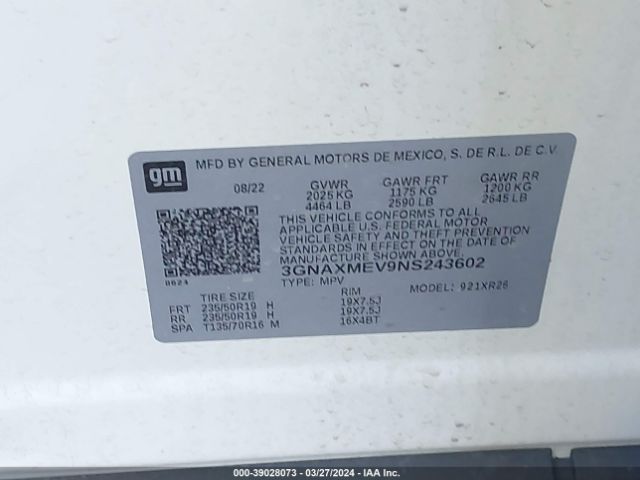 3GNAXMEV9NS243602 Chevrolet Equinox Fwd Rs