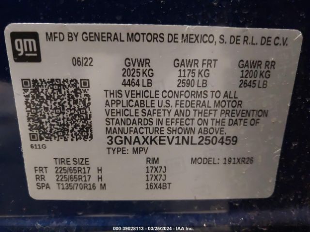 3GNAXKEV1NL250459 Chevrolet Equinox Fwd Lt