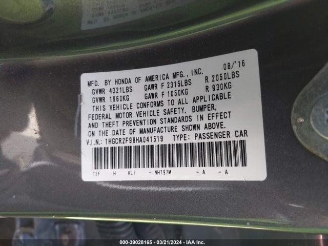 Honda Accord Ex-l 2017 1HGCR2F98HA041519 Image 9