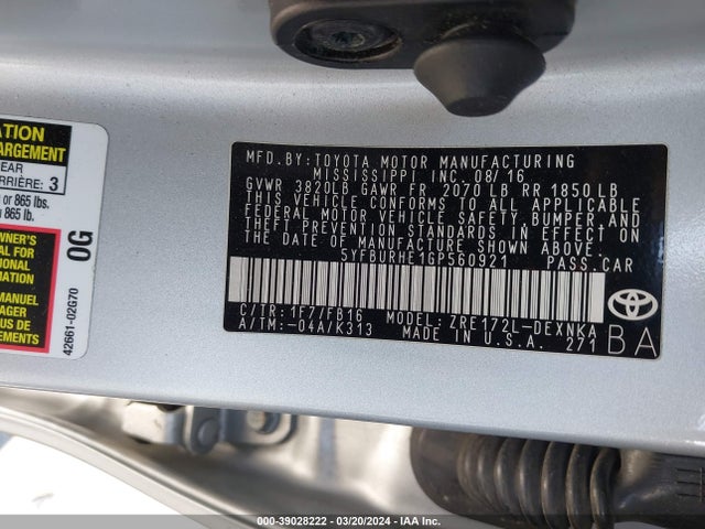 Toyota COROLLA LE 2016 5YFBURHE1GP560921 Image 9