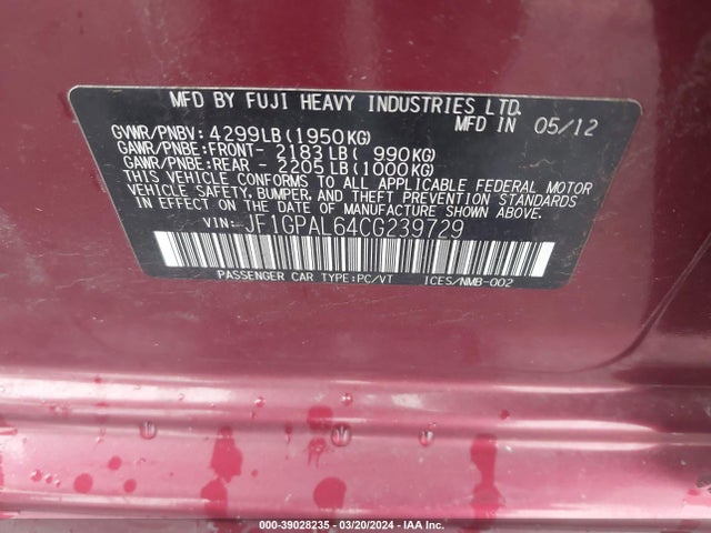 39028235 :رقم المزاد ، JF1GPAL64CG239729 vin ، 2012 Subaru Impreza 2.0i Sport Premium مزاد بيع