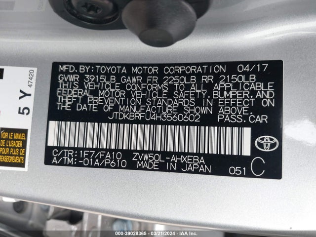 Toyota Prius Two 2017 JTDKBRFU4H3560602 Image 9