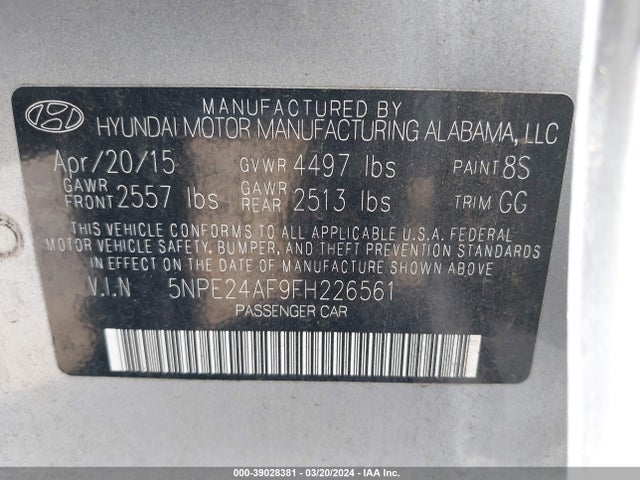 Hyundai SONATA SE 2015 5NPE24AF9FH226561 Image 9