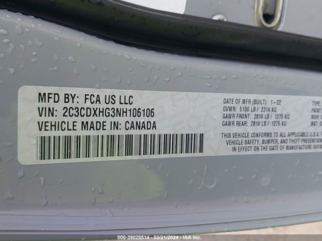 2C3CDXHG3NH106106 Dodge Charger Gt Rwd