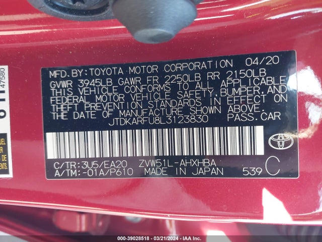 Toyota PRIUS XLE 2020 JTDKARFU8L3123830 Image 9