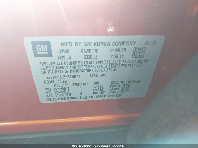 Chevrolet Trailblazer Awd Lt 2022 KL79MRSL5NB116147 Image 9