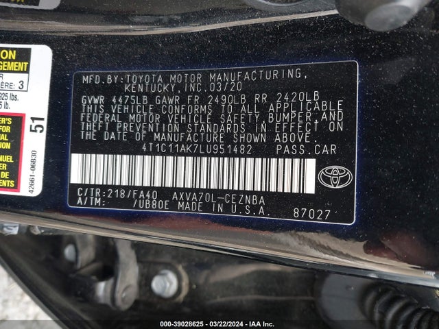 Toyota CAMRY LE 2020 4T1C11AK7LU951482 Image 9
