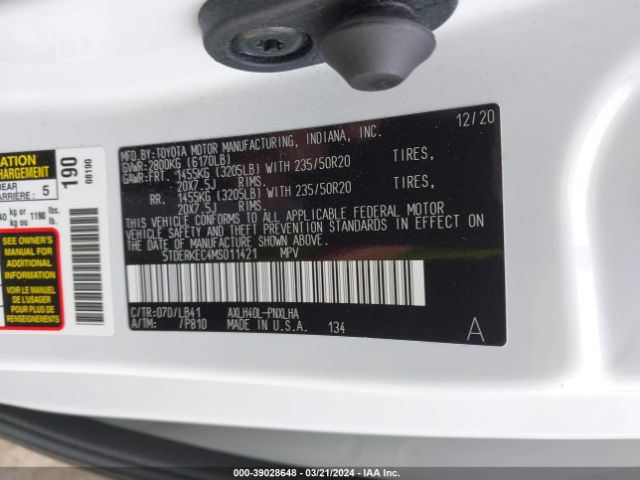 5TDERKEC4MS011421 Toyota Sienna Platinum