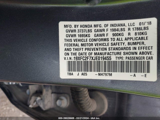 Honda CIVIC EX 2018 19XFC2F7XJE019455 Image 9