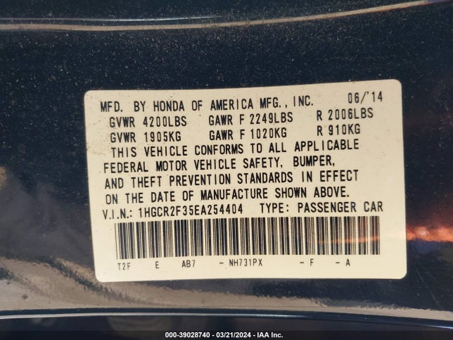 Honda ACCORD LX 2014 1HGCR2F35EA254404 Image 9