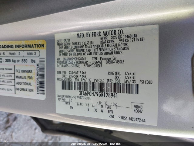 Ford FUSION SE 2016 3FA6P0H79GR128941 Image 9