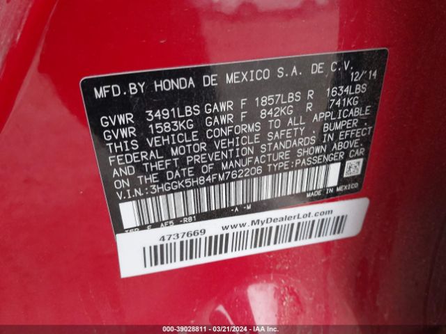3HGGK5H84FM762206 Honda Fit Ex/ex-l