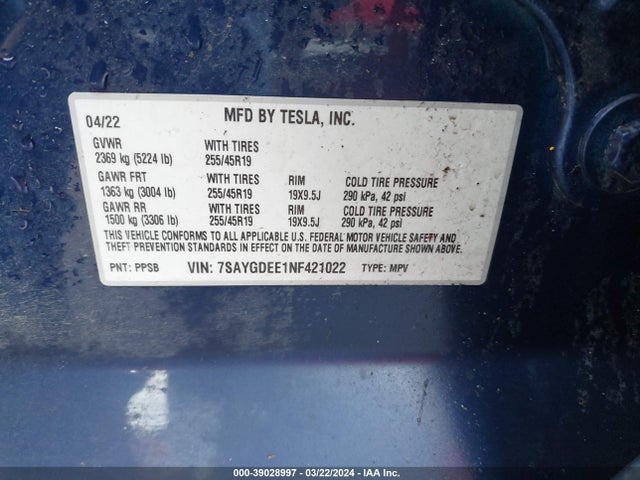 7SAYGDEE1NF421022 Tesla Model Y Long Range Dual Motor All-wheel Drive