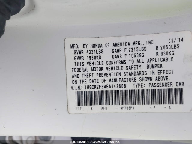 Honda Accord Ex-l 2014 1HGCR2F84EA142608 Image 9