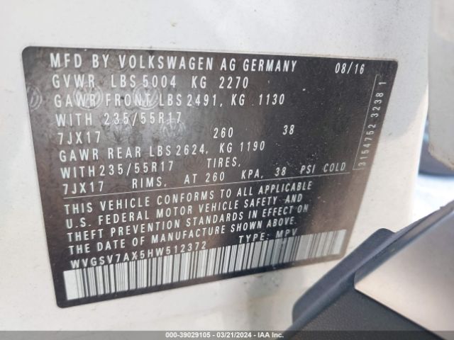 WVGSV7AX5HW512372 Volkswagen Tiguan 2.0t Wolfsburg Edition