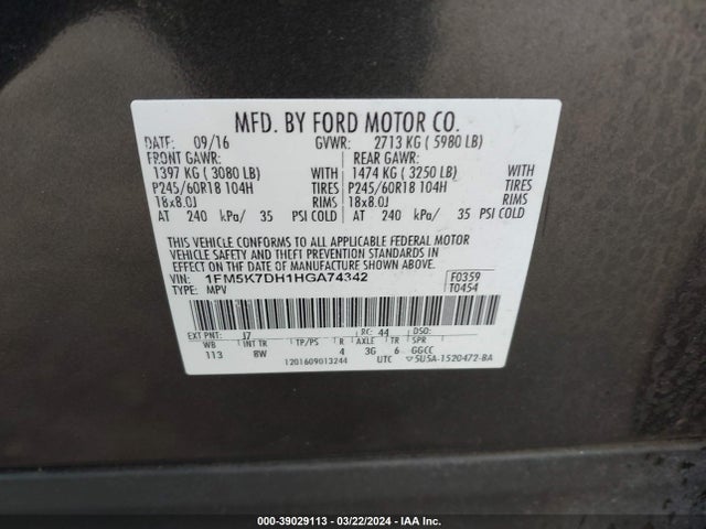 Ford EXPLORER XLT 2017 1FM5K7DH1HGA74342 Image 9