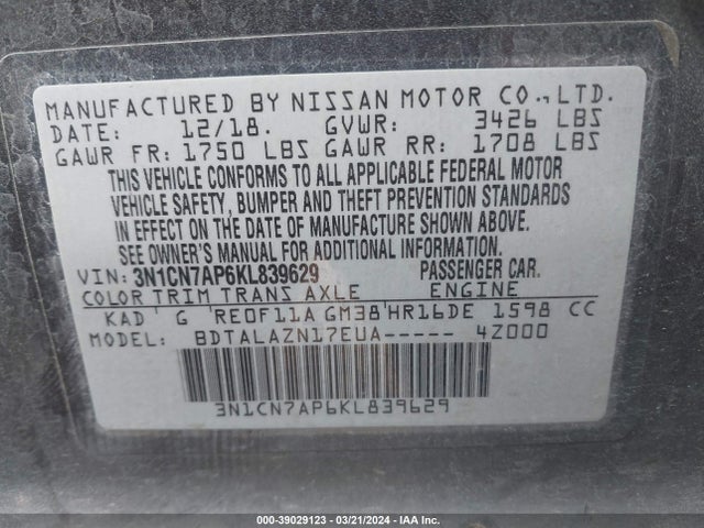 Nissan Versa 1.6 S+ 2019 3N1CN7AP6KL839629 Image 9