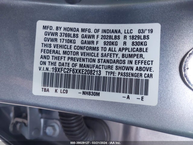 Honda Civic Lx 2019 19XFC2F6XKE208213 Image 9