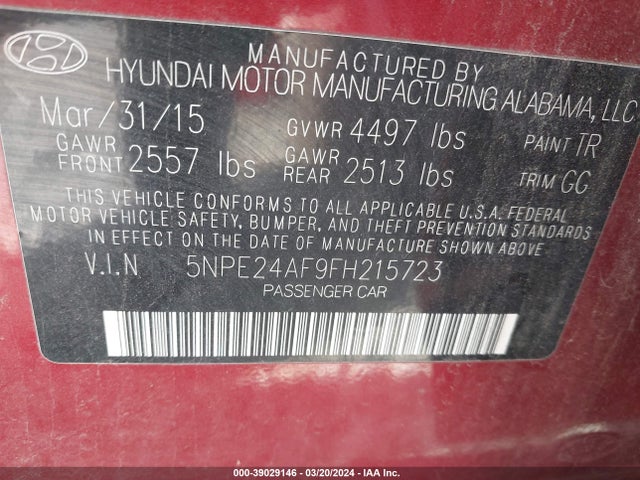 Aukcja sprzedaży 2015 Hyundai Sonata Se, vin: 5NPE24AF9FH215723, numer aukcji: 39029146