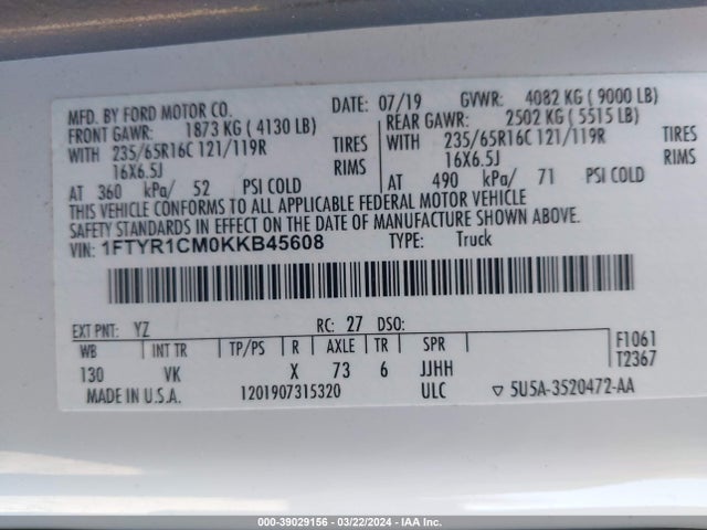 Ford Transit-250 2019 1FTYR1CM0KKB45608 Image 9