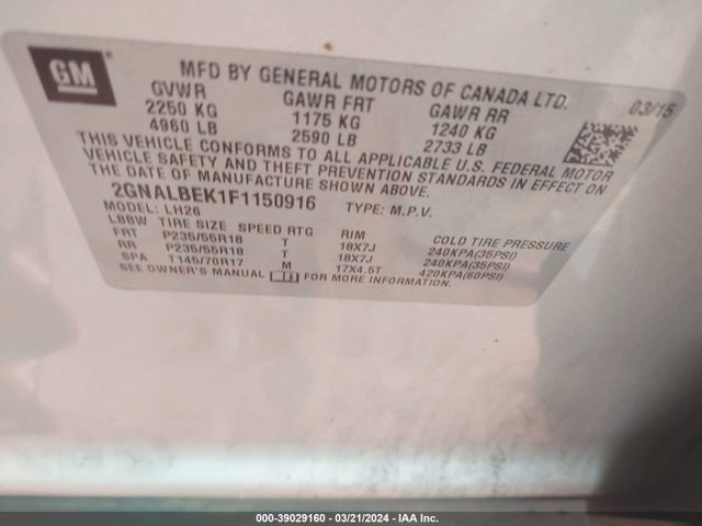 Chevrolet EQUINOX 1LT 2015 2GNALBEK1F1150916 Image 9