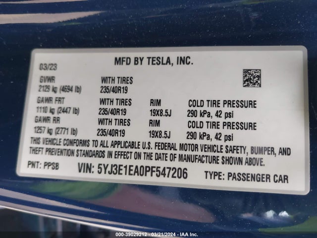 Tesla Model 3 Rear-wheel Drive 2023 5YJ3E1EA0PF547206 Image 9