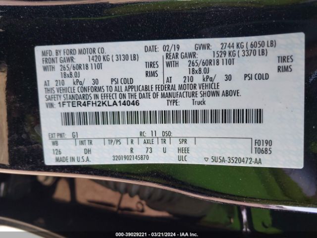 1FTER4FH2KLA14046 Ford Ranger Lariat