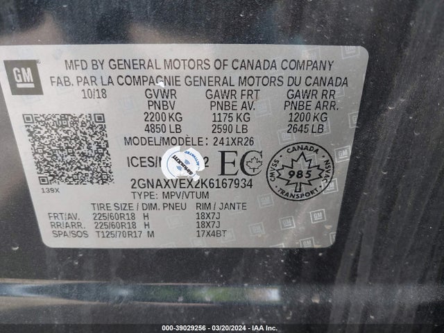 Chevrolet EQUINOX LT 2019 2GNAXVEX2K6167934 Image 9