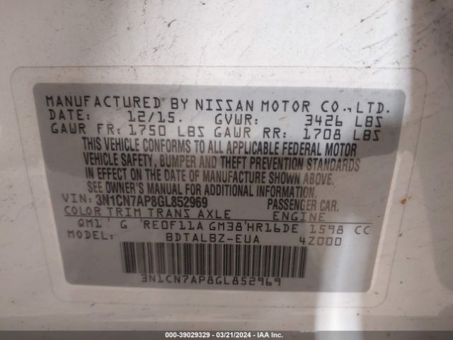 3N1CN7AP8GL852969 Nissan Versa 1.6 S/1.6 S+/1.6 Sl/1.6 Sv