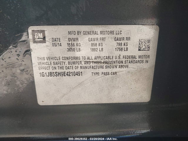 Chevrolet Sonic Ls Manual 2014 1G1JB5SH9E4210491 Image 9