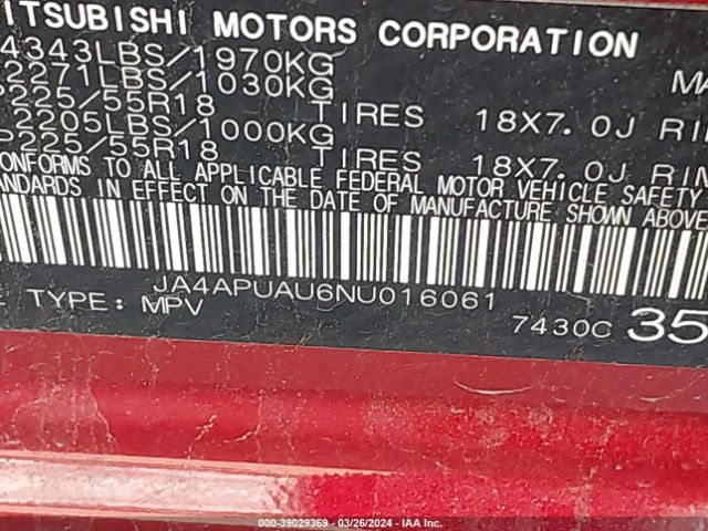 JA4APUAU6NU016061 Mitsubishi Outlander Sport 2.0 Be 2wd/2.0 Es 2wd/2.0 Le 2wd/2.0 S 2wd
