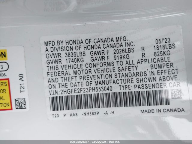 2HGFE2F23PH553040 Honda Civic Lx