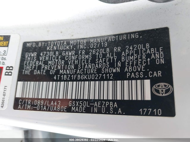Toyota AVALON LIMITED 2019 4T1BZ1FB6KU027112 Image 9